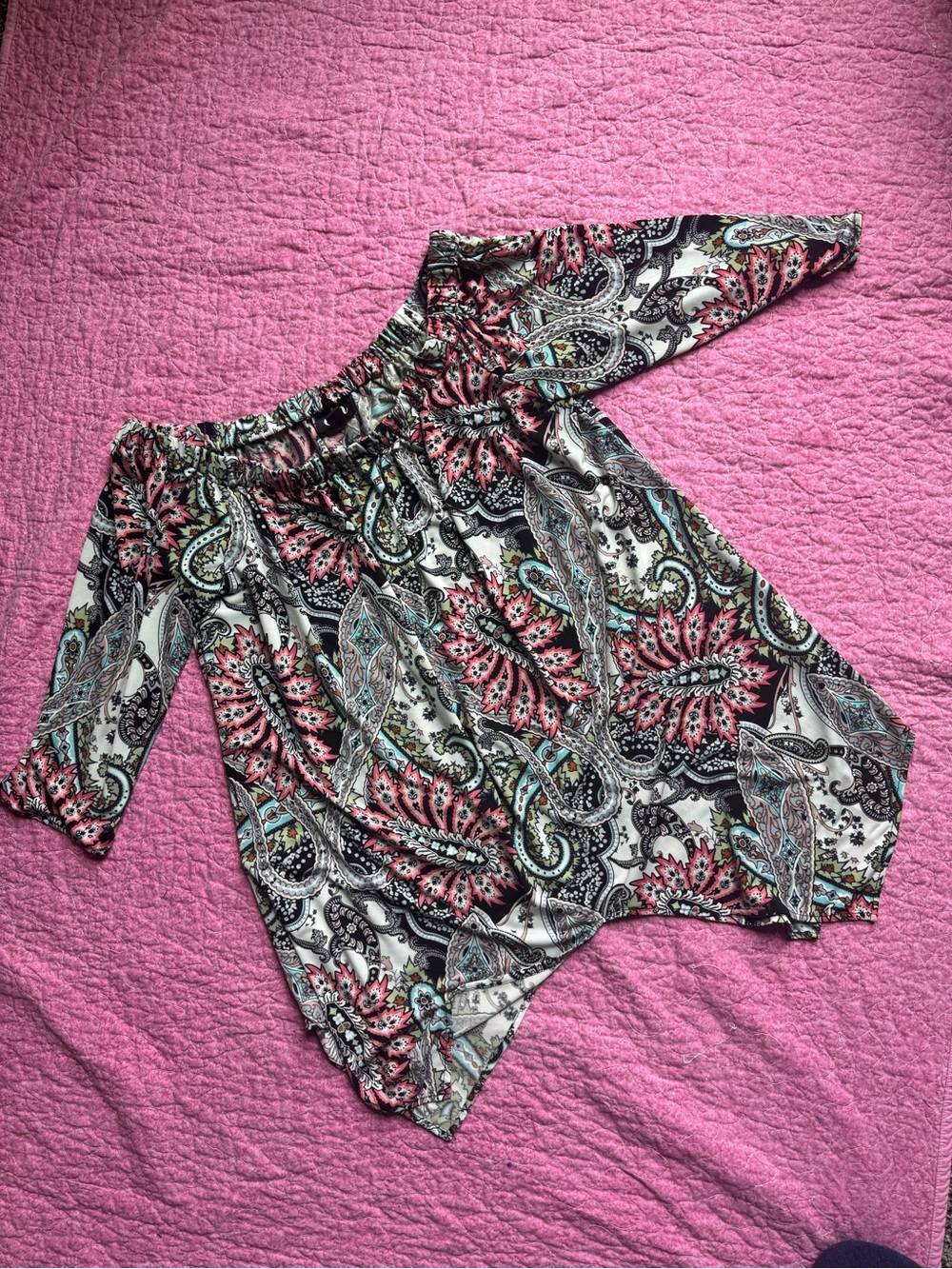 ECI Paisley Print Off-Shoulder Top in Pink, Black & Teal